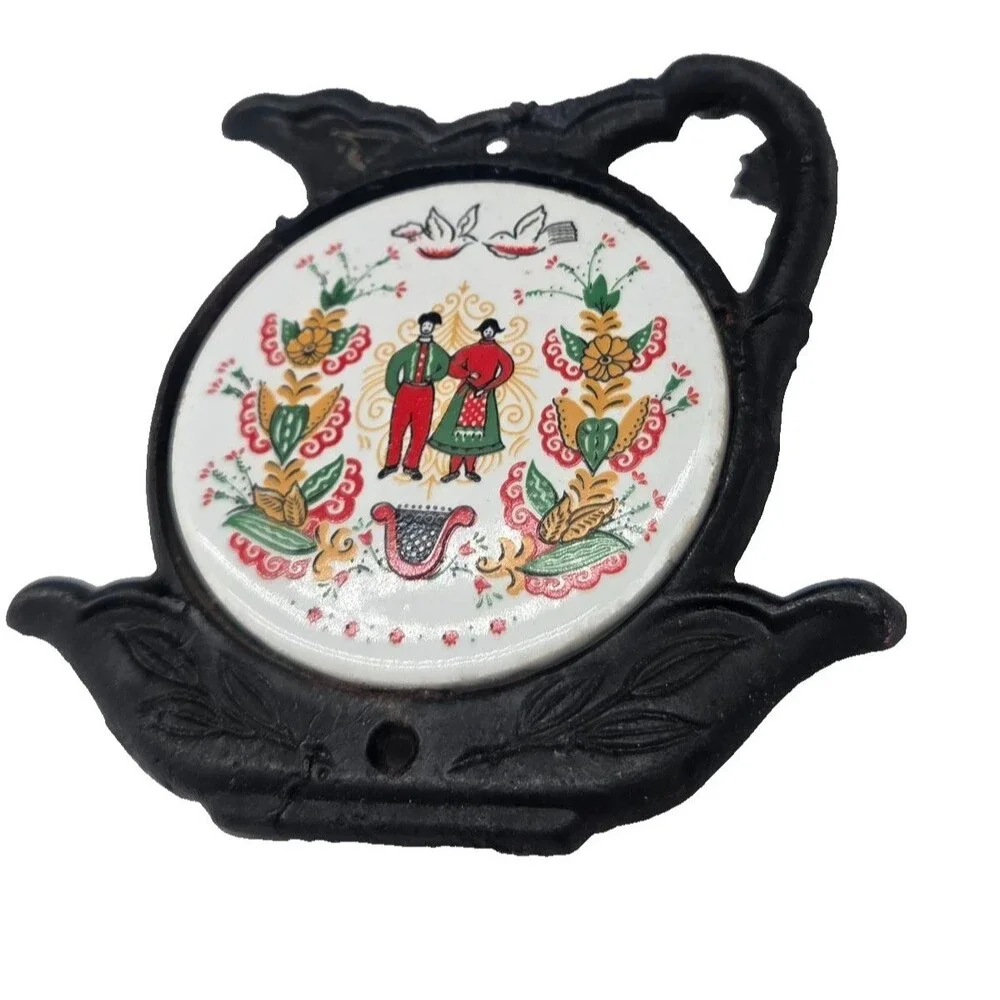Vintage Cast Iron And Ceramic Trivet Hot Plate Spoon Rest Scandinavian Couple...